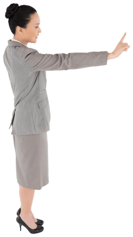 Smiling asian businesswoman pointing gesture transparent