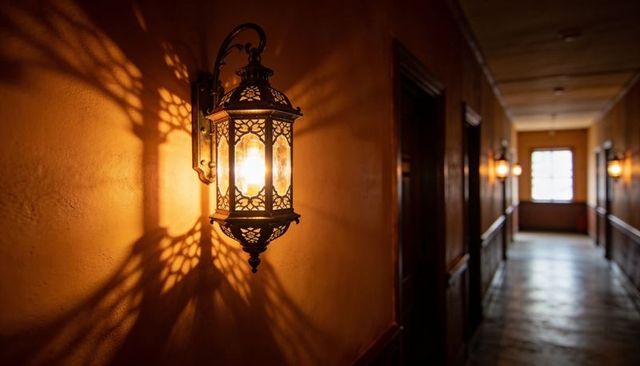 Ornate moroccan-style wall lantern casting filigree shadows in warm vintage corridor