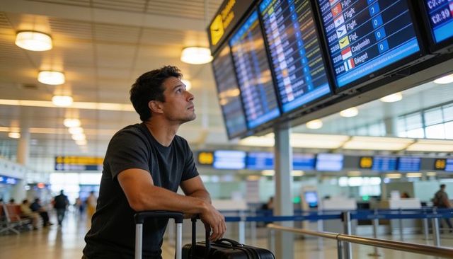 Traveler checking flight display while waiting with wheeled carry-on in airport terminal