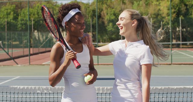 Two female tennis players are standing on a tennis court, holding racquets and smiling at each other. They seem to be enjoying a pleasant conversation and sharing a moment of camaraderie. This image is ideal for blogs or articles about sportsmanship, friendship in sports, or promoting women's sports.