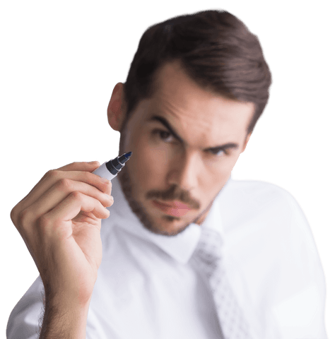 Businessman Writing with Transparent Marker Showing Determination