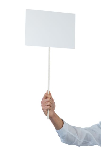 Hand holding blank placard on white background. Ideal for use in marketing materials, advertisements, or announcements. Perfect for adding custom messages or graphics for protests, business promotions, or personal statements.