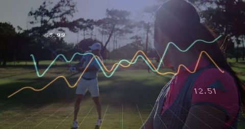 Female Golfer Observing Partner with Digital Data Overlay