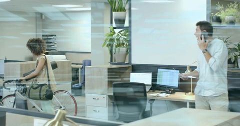 Modern Office Environment with Bicycle and Technology Influence