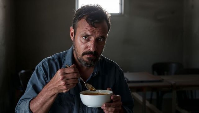 Contemplative man eating soup in dim room holding bowl and spoon, somber interior