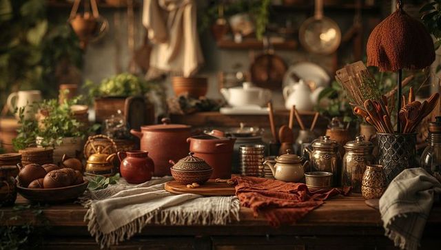 Rustic kitchen tabletop with terracotta pots, ceramic canisters and wooden utensils