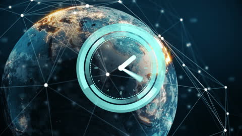 Digital Clock Over Earth with Global Network Connections