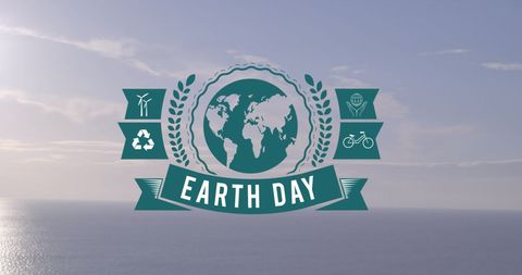Earth Day Emblem with Globally Conscious Symbols on Seascape