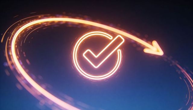 Glowing neon checkmark rotating inside circular light trail with arrow, particle glow