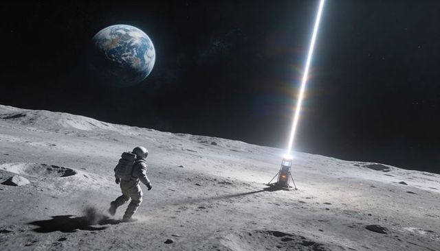 Astronaut approaching beam of light on lunar surface with earth rising, solitary exploration moment