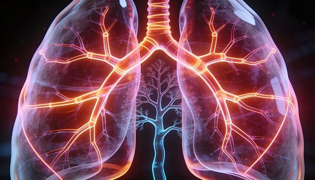 Translucent lungs showing glowing bronchial tree and trachea neon 3d medical visualization