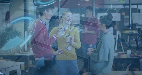 Professionals collaborating in open tech workspace using augmented reality display