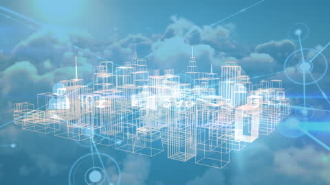 Abstract Network Connections Over Digital Cityscape