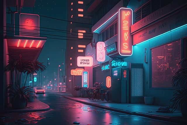 City street with cars, buildings and neon lights with texts created using generative ai technology. Cityscape, color and light concept digitally generated image.