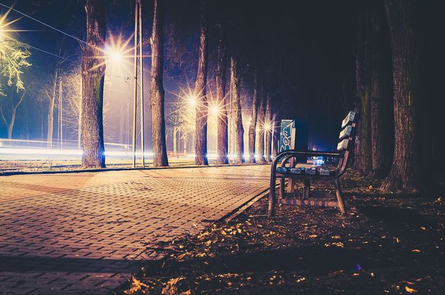Empty bench facing well-lit pathway in park at night. Trees line the path, and street lights illuminate the scene. Long exposure captures light trails. Ideal for concepts of tranquility, solitude, nighttime scenery, urban nature retreats, and relaxation.