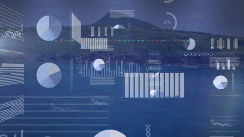 Digital Data Overlay on Mountainous Sea Landscape