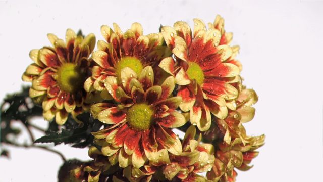 Close-up of vibrant yellow and red chrysanthemums being gently watered in slow motion, creating a fresh and hydrated look against a clean white background. Perfect for use in gardening blogs, floral arrangement guides, nature documentaries, or any content highlighting natural beauty and plant care.