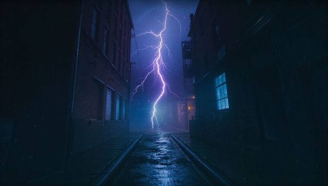 Dramatic Lightning Strike in Dim Urban Alleyway at Night