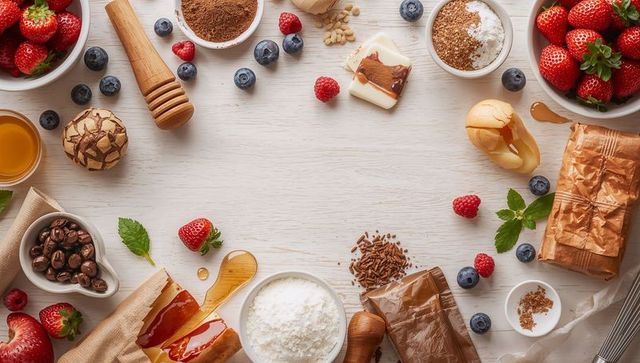 Flatlay border of baking ingredients with strawberries, chocolate, honey and fresh berries