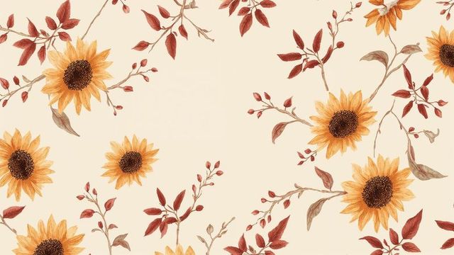 Botanical pattern of sunflowers with reddish leaves on beige backdrop
