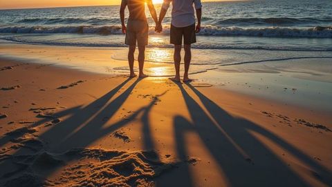 Romantic Sunset Walk with Shadows on Beach