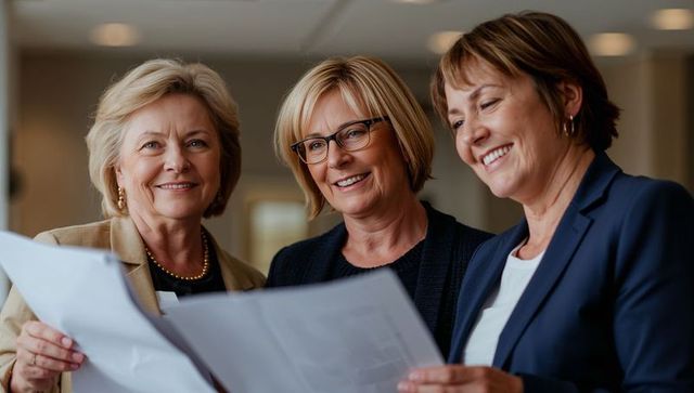 Three Professional Women Reviewing Large Plans Together in Office Meeting for Teamwork