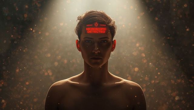 Cinematic moody portrait of bare-shouldered subject with holographic red hud and particles