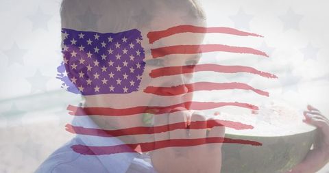 Boy Enjoying Juicy Watermelon Slice at Beach with USA Flag Overlay