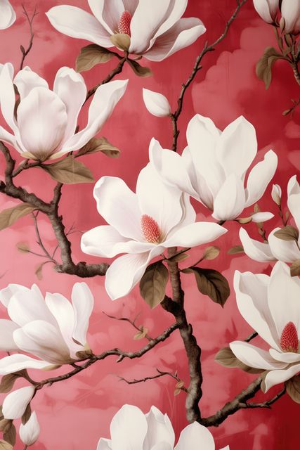 White magnolia flowers on red background, created using generative ai technology. Magnolia, flower, nature and spring concept digitally generated image.