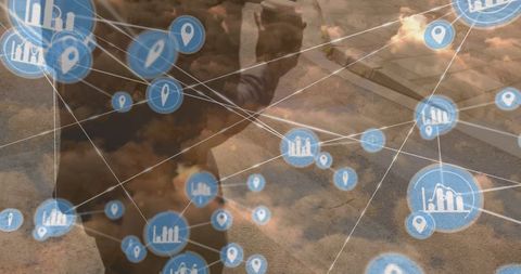 Blurred Businessman with Cloud and Network Overlays Depicting Connectivity