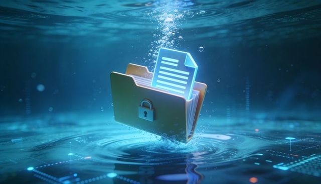 Underwater digital vault: glowing secure document emerging from locked folder