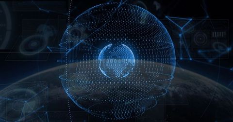 Futuristic Holographic Data Spheres Above Planet Horizon