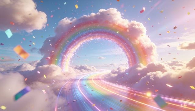 Glowing rainbow arch over cloudscape with luminous ribbon road and floating confetti