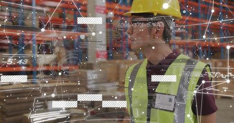 Warehouse Worker Scanning Inventory with Augmented Reality HUD for Smart Logistics