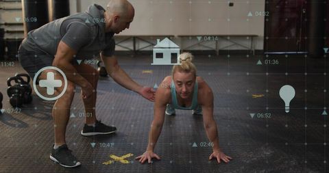 Female Athlete Holding Plank While Personal Trainer Coaching with Fitness Data Overlay