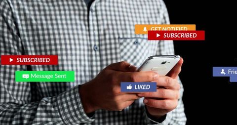 Hands tapping smartphone with social media notification badges, subscribed and liked alerts