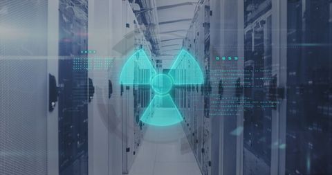 Digital Nuclear Symbol in High-Tech Server Room Environment