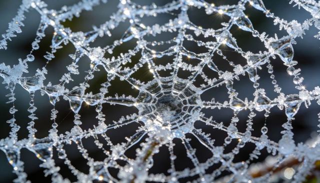 Frost-covered spider web sparkling with ice crystals and sunlight glints morning