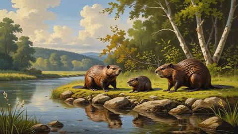 Trio of beavers resting on grassy riverside bank in tranquil forest