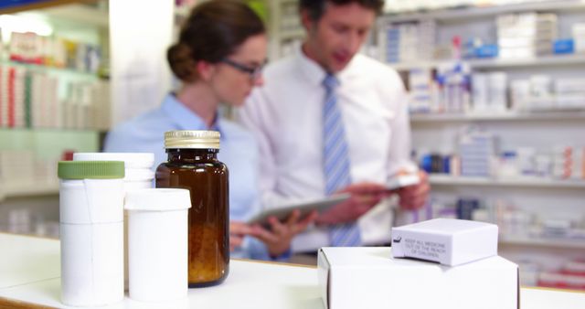 Various boxes and bottles of medicine on table in pharmacy 4k
