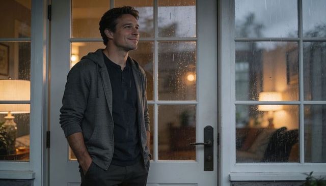 Contemplative man gazing through rain-speckled glass door into warm lamp-lit living room