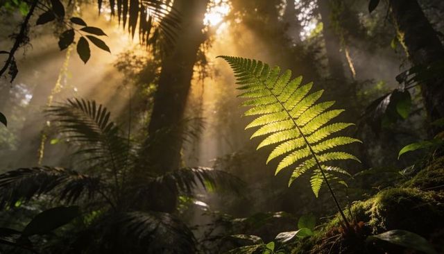 Backlit fern catching golden sunbeams in misty rainforest understory with moss and rays