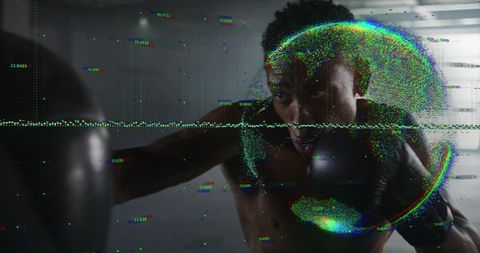 Boxer throwing power punch toward heavy bag with futuristic glitch distortion