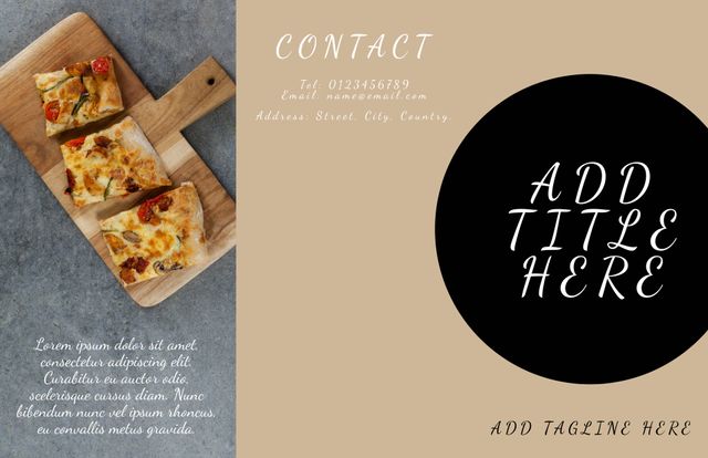 This pizza-themed template features a delicious artisan pizza on a wooden board alongside customizable text sections. Ideal for restaurant menus, cooking class advertisements, food blogs, and culinary event promotions. The inviting layout and detailed design create a genuine, appetizing appeal.