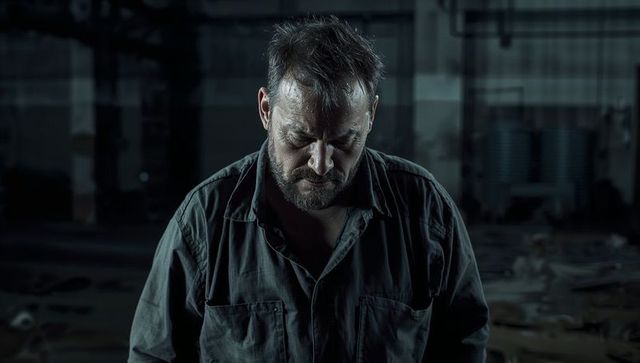 Weathered Factory Worker Standing in Dim Warehouse, Contemplating Loss and Solitude