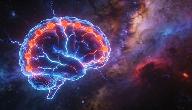 Floating neon brain pulsing neural nodes and electric circuits in cosmic nebula backlit by galaxy
