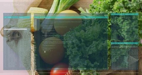 Blending fresh produce with terminal code overlay on rustic counter food tech concept