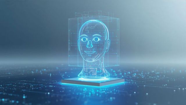 Holographic head projecting circuit wireframe on illuminated platform for ai tech