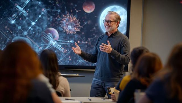 Professor presenting futuristic space and ai visualization to university students