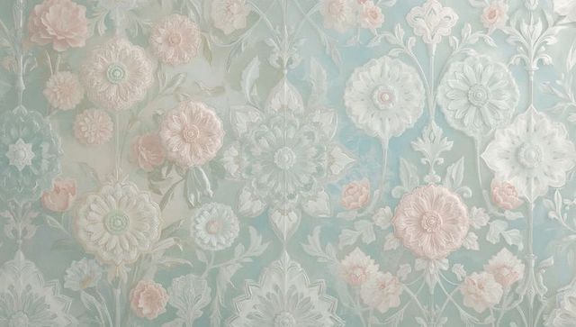 Embossed floral wallpaper featuring mint green and pale pink rosette texture vintage